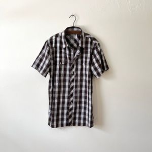 Empyre Chocolate Gold & Blue Plaid Button Down Short Sleeve Vintage Skater Tee L